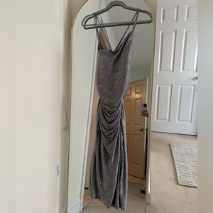 Laundry by Shelli Segal Cowl Neck Slip MIDI Dress in Metallic Silver